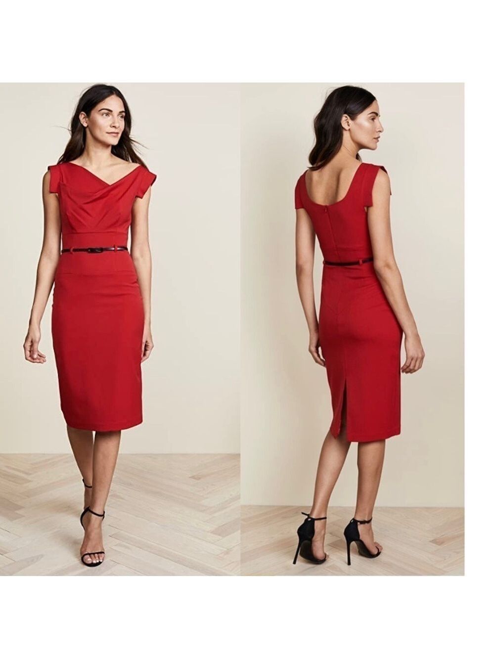 SHARAGANO Women's Red Jackie O Belted faux suede midi Dress Sz 8